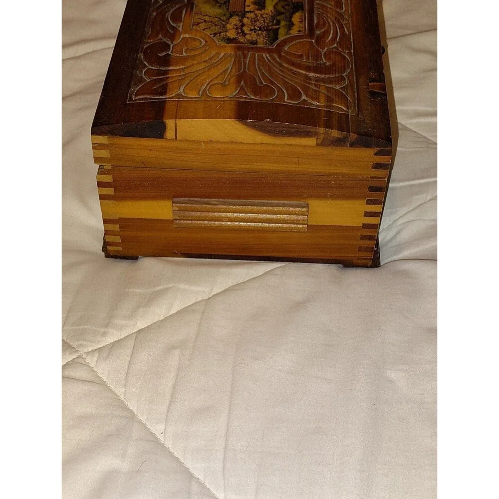 Vintage Mid-Century Carved Cedar Jewelry Box with Cottage Scene Interior Mirror